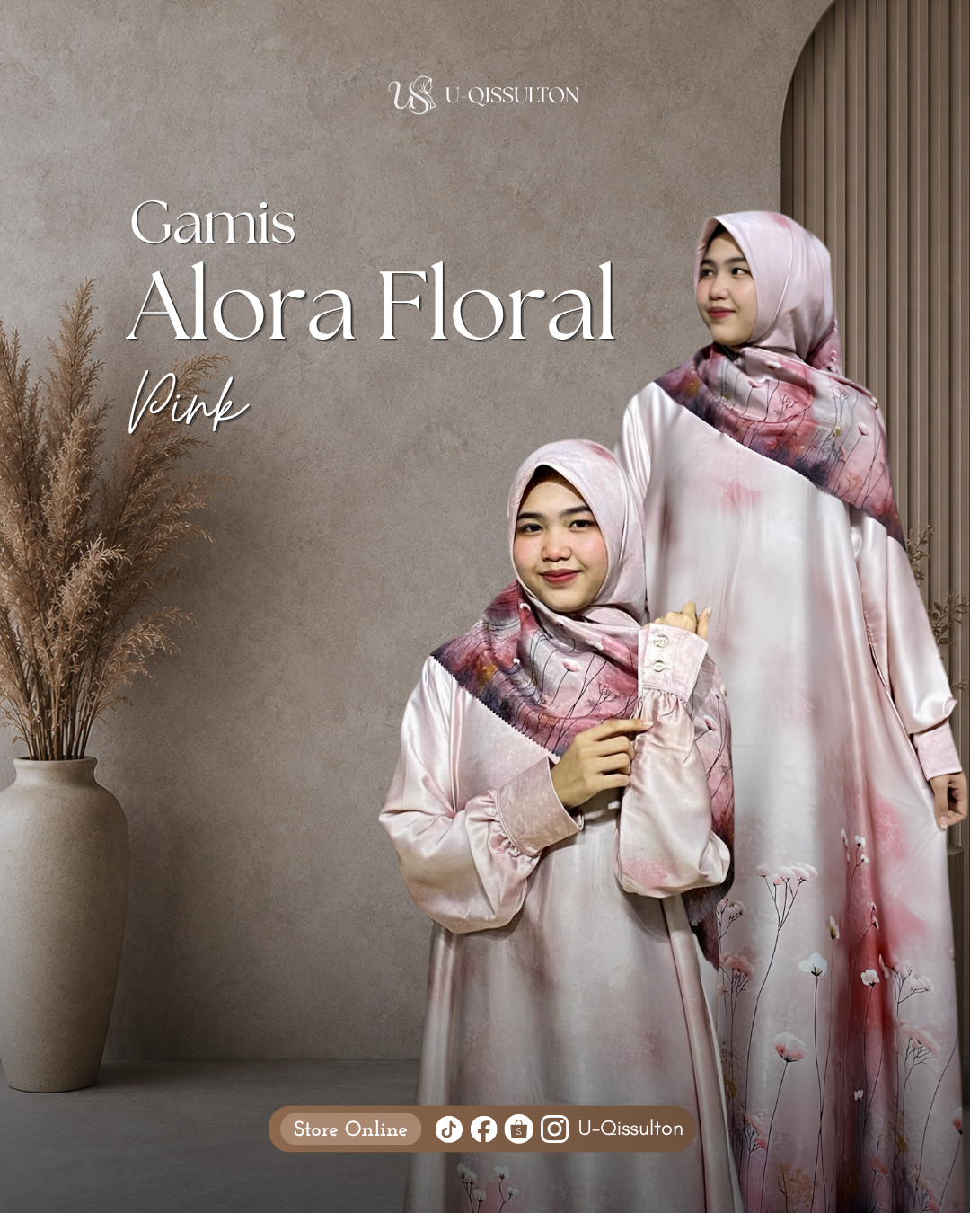 Gamis Alora Flora Pink Satu Set Hijab